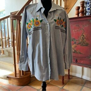CASEY COLEMAN Denim Shirt Women’s Large Sunflower Bees Embroidered 100% Cotton